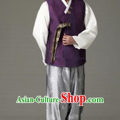 Traditional Korean Costumes Ancient Korean Male Hanbok Bridegroom Costume Purple Vest and Grey Pants for Men