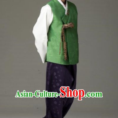 Traditional Korean Costumes Ancient Korean Male Hanbok Bridegroom Costume Green Vest and Purple Pants for Men
