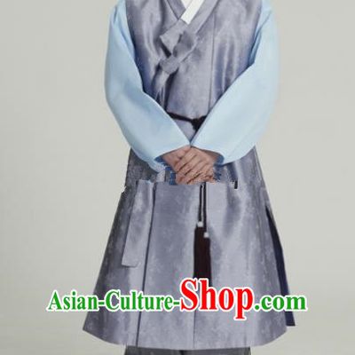 Traditional Korean Costumes Ancient Korean Male Hanbok Bridegroom Costume Lilac Vest and Grey Pants for Men