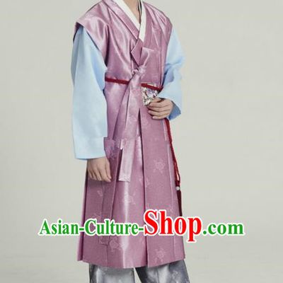 Traditional Korean Costumes Ancient Korean Male Hanbok Bridegroom Costume Pink Vest and Grey Pants for Men