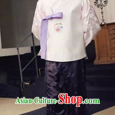 Traditional Korean Costumes Ancient Korean Male Hanbok Bridegroom White Vest and Purple Pants for Men