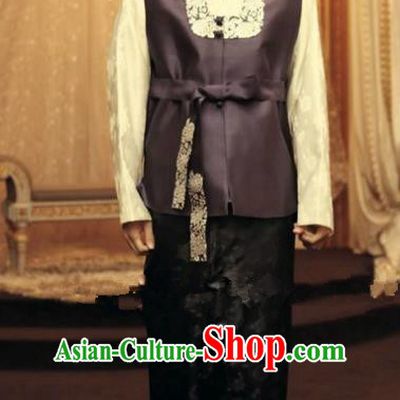 Traditional Korean Costumes Ancient Korean Male Hanbok Bridegroom Purple Vest and Black Pants for Men