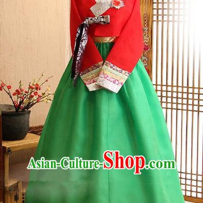 Korean Traditional Hanbok Bride Red Blouse and Green Dress Ancient Formal Occasions Fashion Apparel Costumes for Women