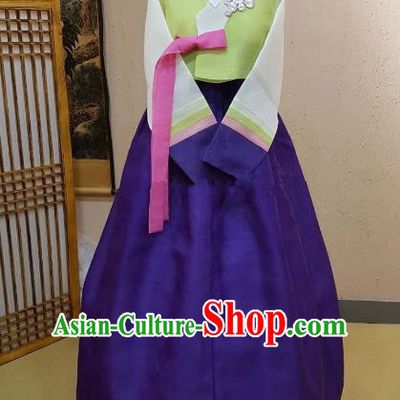 Korean Traditional Hanbok Bride Green Blouse and Purple Dress Ancient Formal Occasions Fashion Apparel Costumes for Women
