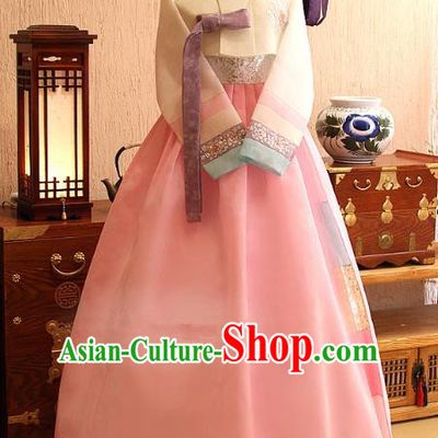 Korean Traditional Hanbok Bride Beige Blouse and Pink Dress Ancient Formal Occasions Fashion Apparel Costumes for Women