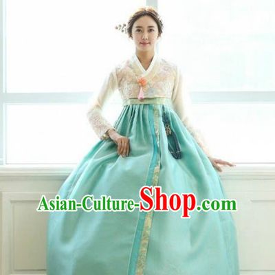 Korean Traditional Hanbok Bride White Lace Blouse and Green Dress Ancient Formal Occasions Fashion Apparel Costumes for Women