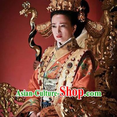Ancient Chinese Ming Dynasty Empress Dowager Xiaogongzhang Embroidered Dress Costume and Headpiece Complete Set