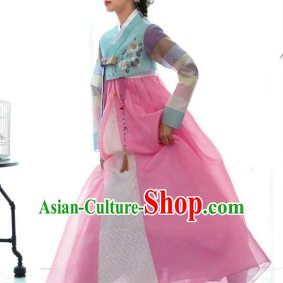Korean Traditional Bride Hanbok Blue Blouse and Pink Dress Ancient Formal Occasions Fashion Apparel Costumes for Women