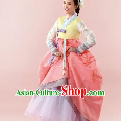 Korean Traditional Bride Hanbok Yellow Blouse and Orange Dress Ancient Formal Occasions Fashion Apparel Costumes for Women