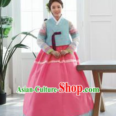 Korean Traditional Bride Hanbok Blue Blouse and Pink Dress Ancient Formal Occasions Fashion Apparel Costumes for Women