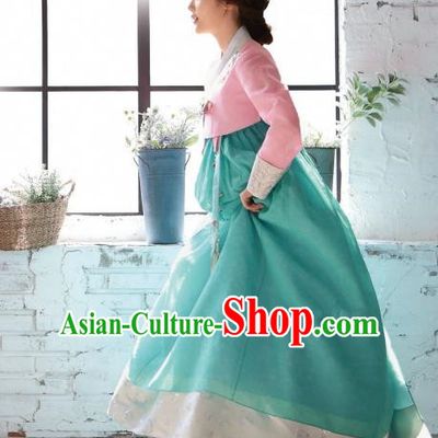 Korean Traditional Bride Hanbok Pink Blouse and Green Dress Ancient Formal Occasions Fashion Apparel Costumes for Women