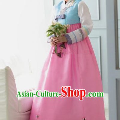 Korean Traditional Bride Hanbok Blue Blouse and Pink Dress Ancient Formal Occasions Fashion Apparel Costumes for Women