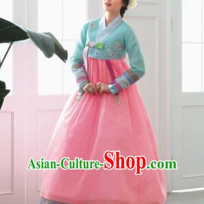 Korean Traditional Bride Hanbok Green Blouse and Pink Dress Ancient Formal Occasions Fashion Apparel Costumes for Women