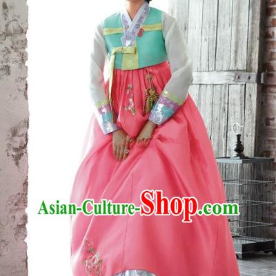 Korean Traditional Bride Hanbok Green Blouse and Pink Embroidered Dress Ancient Formal Occasions Fashion Apparel Costumes for Women