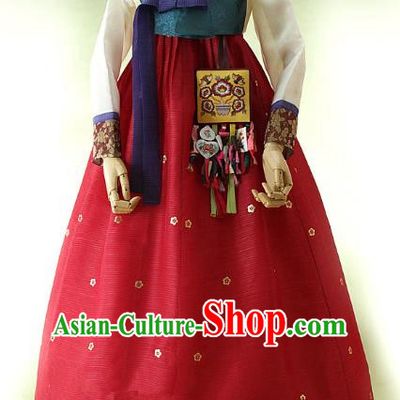 Korean Traditional Bride Hanbok Atrovirens Blouse and Red Embroidered Dress Ancient Formal Occasions Fashion Apparel Costumes for Women