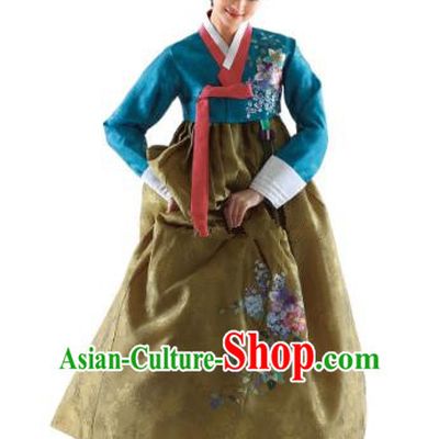 Korean Traditional Bride Hanbok Peacock Blue Blouse and Ginger Embroidered Dress Ancient Formal Occasions Fashion Apparel Costumes for Women