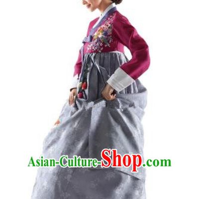 Korean Traditional Bride Hanbok Wine Red Blouse and Grey Embroidered Dress Ancient Formal Occasions Fashion Apparel Costumes for Women