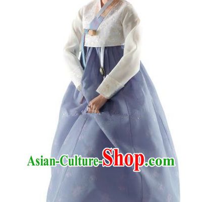Korean Traditional Bride Hanbok White Blouse and Blue Embroidered Dress Ancient Formal Occasions Fashion Apparel Costumes for Women