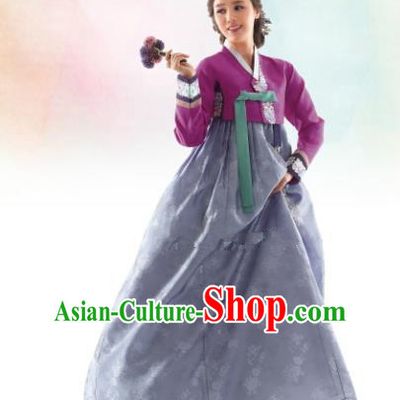 Korean Traditional Bride Hanbok Purple Blouse and Blue Embroidered Dress Ancient Formal Occasions Fashion Apparel Costumes for Women
