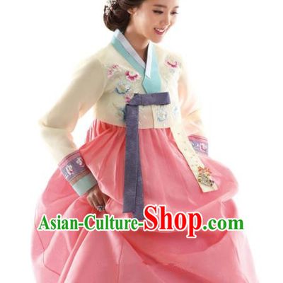 Korean Traditional Bride Hanbok Beige Blouse and Pink Embroidered Dress Ancient Formal Occasions Fashion Apparel Costumes for Women