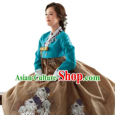 Korean Traditional Bride Hanbok Green Blouse and Brown Embroidered Dress Ancient Formal Occasions Fashion Apparel Costumes for Women