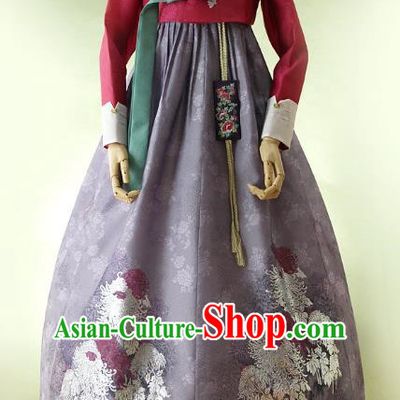 Korean Traditional Bride Hanbok Wine Red Blouse and Purple Embroidered Dress Ancient Formal Occasions Fashion Apparel Costumes for Women