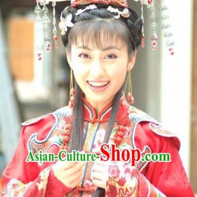 Ancient Chinese Qing Dynasty Palace Lady Wedding Embroidered Replica Costume and Headpiece Complete Set for Women