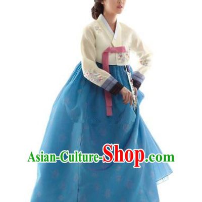 Korean Traditional Bride Hanbok Beige Blouse and Blue Embroidered Dress Ancient Formal Occasions Fashion Apparel Costumes for Women