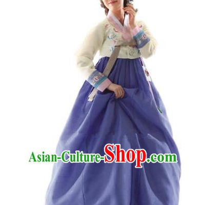 Korean Traditional Bride Hanbok Yellow Blouse and Lilac Embroidered Dress Ancient Formal Occasions Fashion Apparel Costumes for Women