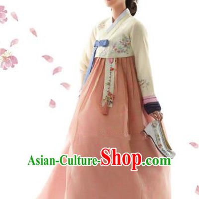 Korean Traditional Bride Hanbok Beige Blouse and Champagne Embroidered Dress Ancient Formal Occasions Fashion Apparel Costumes for Women