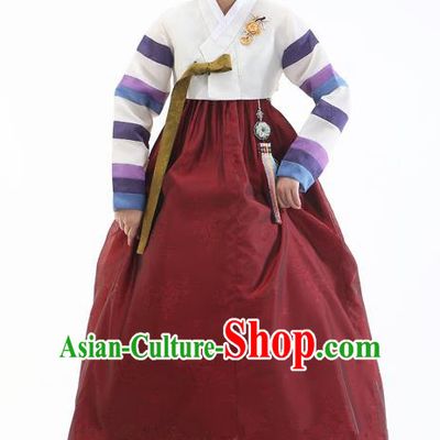 Korean Traditional Bride Hanbok White Blouse and Wine Red Embroidered Dress Ancient Formal Occasions Fashion Apparel Costumes for Women