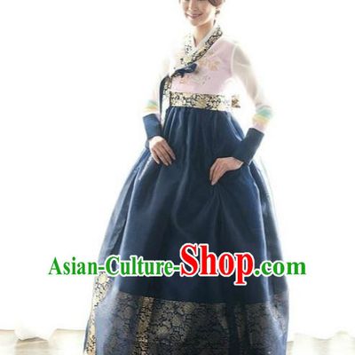 Korean Traditional Bride Hanbok Pink Blouse and Navy Embroidered Dress Ancient Formal Occasions Fashion Apparel Costumes for Women