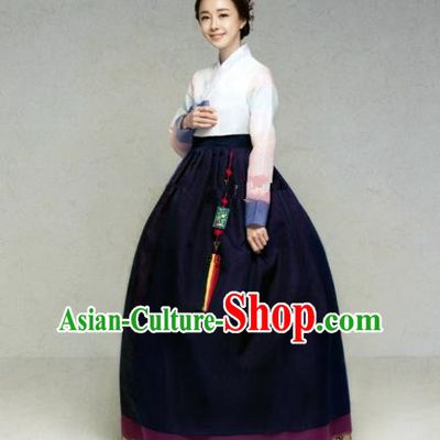 Korean Traditional Bride Hanbok White Blouse and Deep Purple Embroidered Dress Ancient Formal Occasions Fashion Apparel Costumes for Women
