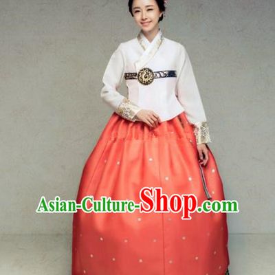 Korean Traditional Bride Hanbok White Blouse and Red Embroidered Dress Ancient Formal Occasions Fashion Apparel Costumes for Women