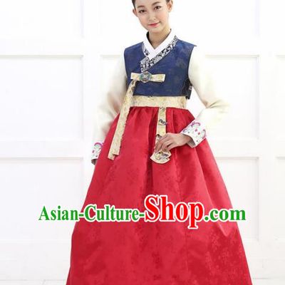 Korean Traditional Bride Hanbok Blue Blouse and Green Embroidered Dress Ancient Formal Occasions Fashion Apparel Costumes for Women