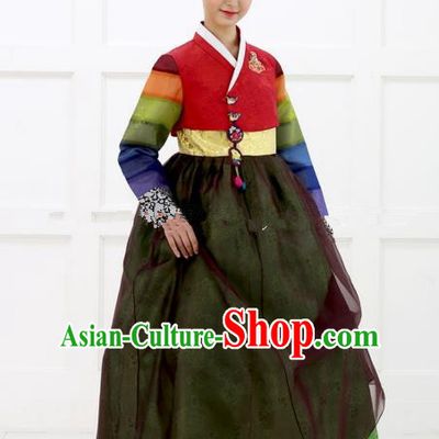 Korean Traditional Bride Hanbok Red Blouse and Green Embroidered Dress Ancient Formal Occasions Fashion Apparel Costumes for Women