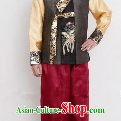 Traditional Korean Costumes Ancient Korean Bridegroom Hanbok Brown Vest and Red Pants for Men
