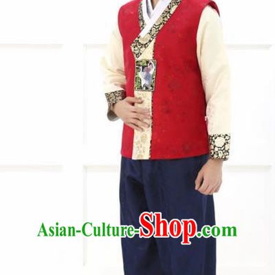 Traditional Korean Costumes Ancient Korean Bridegroom Hanbok Red Vest and Navy Pants for Men