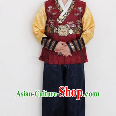 Traditional Korean Costumes Ancient Korean Bridegroom Hanbok Wine Red Vest and Navy Pants for Men