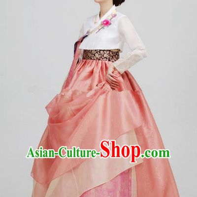 Korean Traditional Bride Hanbok White Blouse and Pink Dress Ancient Formal Occasions Fashion Apparel Costumes for Women