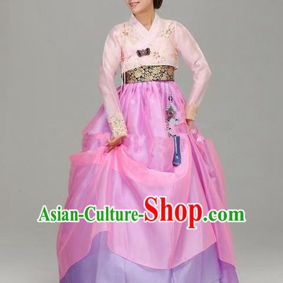Korean Traditional Bride Hanbok Pink Blouse and Rosy Dress Ancient Formal Occasions Fashion Apparel Costumes for Women