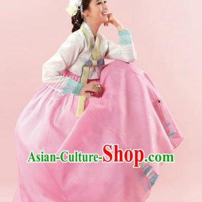 Korean Traditional Bride Hanbok White Blouse and Pink Dress Ancient Formal Occasions Fashion Apparel Costumes for Women
