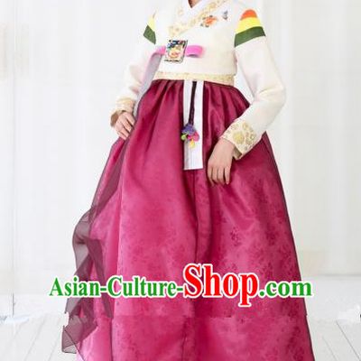 Korean Traditional Bride Hanbok White Blouse and Purple Embroidered Dress Ancient Formal Occasions Fashion Apparel Costumes for Women