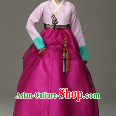 Korean Traditional Bride Hanbok Pink Blouse and Purple Embroidered Dress Ancient Formal Occasions Fashion Apparel Costumes for Women