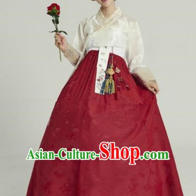 Korean Traditional Bride Hanbok White Blouse and Wine Red Embroidered Dress Ancient Formal Occasions Fashion Apparel Costumes for Women