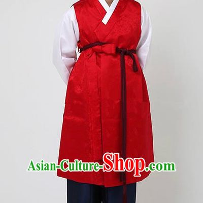 Traditional Korean Costumes Ancient Korean Bridegroom Hanbok Red Vest and Navy Pants for Men