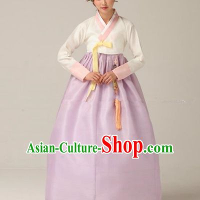 Korean Traditional Bride Hanbok White Blouse and Lilac Embroidered Dress Ancient Formal Occasions Fashion Apparel Costumes for Women