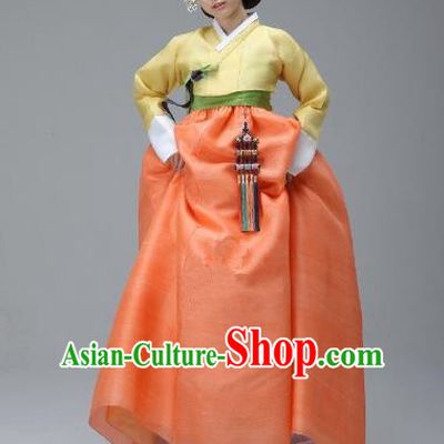 Korean Traditional Bride Hanbok Yellow Blouse and Orange Dress Ancient Formal Occasions Fashion Apparel Costumes for Women