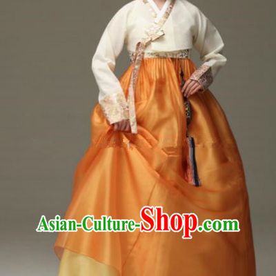 Korean Traditional Bride Hanbok White Blouse and Orange Dress Ancient Formal Occasions Fashion Apparel Costumes for Women