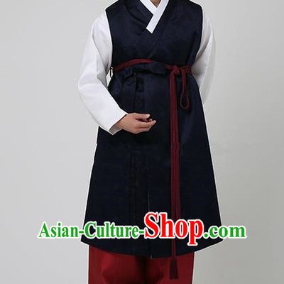 Traditional Korean Costumes Ancient Korean Bridegroom Hanbok Navy Vest and Red Pants for Men